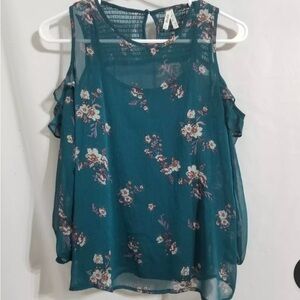 Floral Teal Sleeveless Mesh Bohemian Style Top size Small